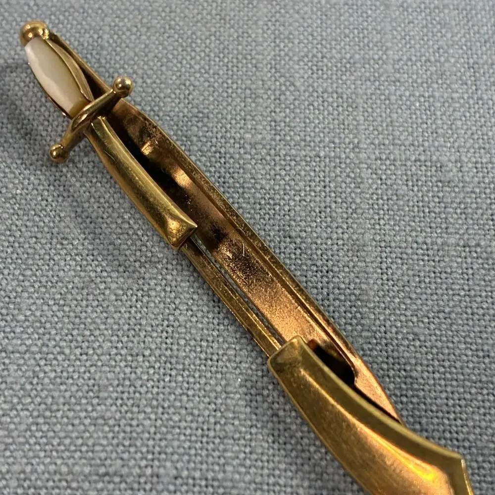 Vintage SWANK Sword Dagger Tie Clip Gold Tone Mother of Pearl Handle Mens